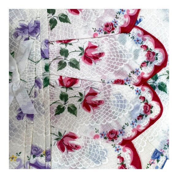 Vintage Floral Handkerchief Red Blue Purple Lace Trim Roses Scalloped Edge Lot 3 - Picture 3 of 4